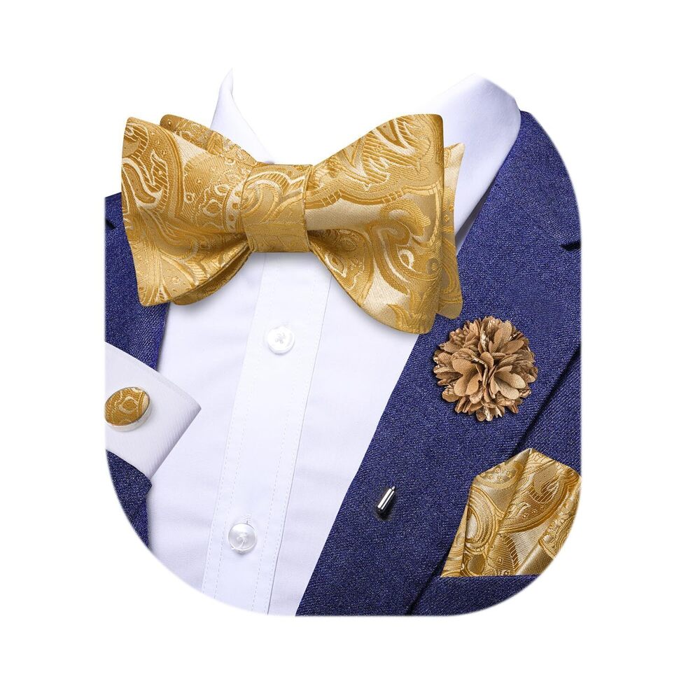 9166 Gold Bow Tie and Lapel Pin Self Tie Set Paisley Flroal Bowties Pocket